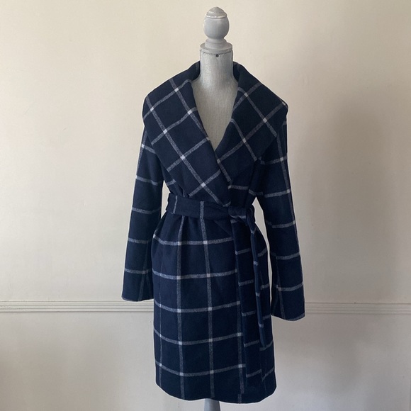 ANN TAYLOR 💙NAVY BLUE & WHITE🤍 WINDOWPANE PATTERN WOOL WRAP COAT SIZE L🌟NWT🌟 - Picture 4 of 17